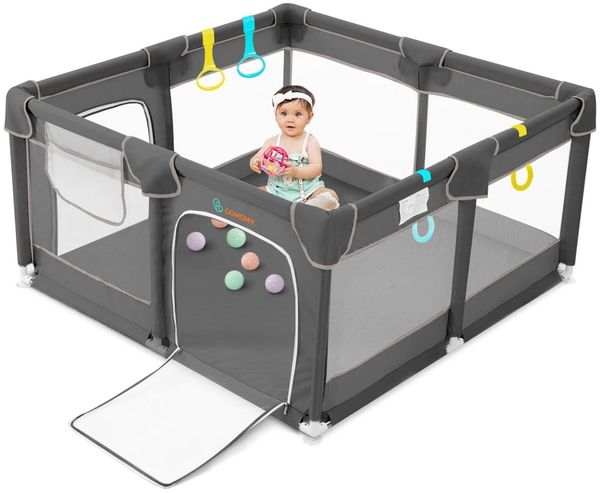 COMOMY Laufstall Baby, 127x127 cm Laufgitter Baby Sicherheitsbereich Schutzgitter für Kinder mit Weichem Netz, Rutschfestem Oxford Bottom (Grau)