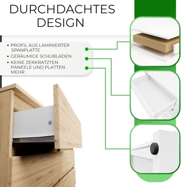 CDF Kommode Malwa M6 120| Farbe: Eiche Artisan | Schrank für Dokumente, Kleinigkeiten | Ideal für Wohnzimmer, Schlafzimmer, Kinderzimmer, Jugendzimmer und Büro | 6 geräumige Schubladen Bild 4