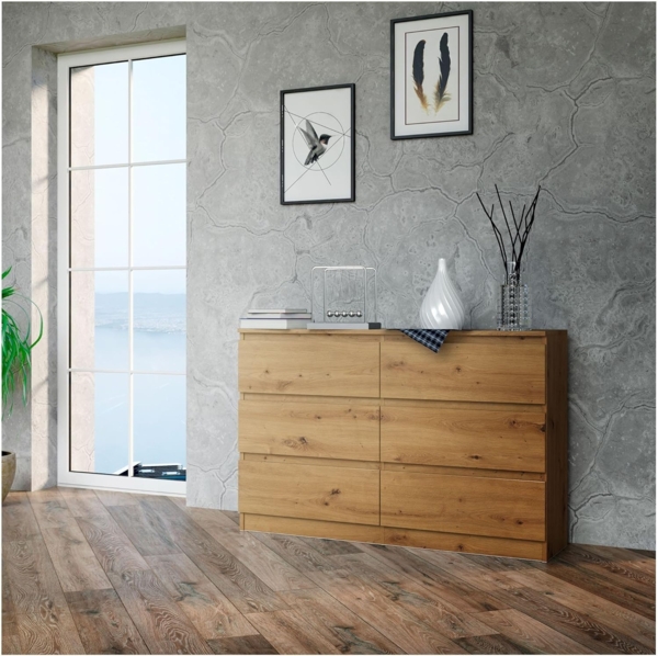 CDF Kommode Malwa M6 120| Farbe: Eiche Artisan | Schrank für Dokumente, Kleinigkeiten | Ideal für Wohnzimmer, Schlafzimmer, Kinderzimmer, Jugendzimmer und Büro | 6 geräumige Schubladen Bild 2
