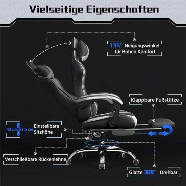 Yaheetech Gaming Stuhl Ergonomischer Gamer Stuhl mit Massagefunktion Computerstuhl mit Fußstütze Bürostuhl 90-135° Rückenlehne verstellbar Gaming Sessel PC Stuhl Weiß Bild 6