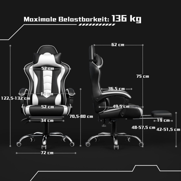 Yaheetech Gaming Stuhl Ergonomischer Gamer Stuhl mit Massagefunktion Computerstuhl mit Fußstütze Bürostuhl 90-135° Rückenlehne verstellbar Gaming Sessel PC Stuhl Weiß Bild 3