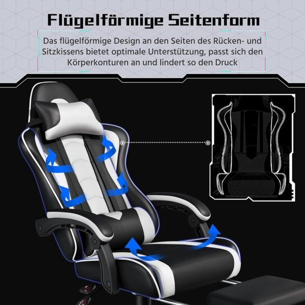 Yaheetech Gaming Stuhl Ergonomischer Gamer Stuhl mit Massagefunktion Computerstuhl mit Fußstütze Bürostuhl 90-135° Rückenlehne verstellbar Gaming Sessel PC Stuhl Weiß Bild 8