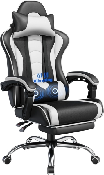 Yaheetech Gaming Stuhl Ergonomischer Gamer Stuhl mit Massagefunktion Computerstuhl mit Fußstütze Bürostuhl 90-135° Rückenlehne verstellbar Gaming Sessel PC Stuhl Weiß Bild 1