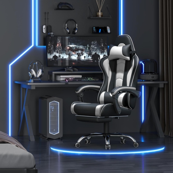 Yaheetech Gaming Stuhl Ergonomischer Gamer Stuhl mit Massagefunktion Computerstuhl mit Fußstütze Bürostuhl 90-135° Rückenlehne verstellbar Gaming Sessel PC Stuhl Weiß Bild 2