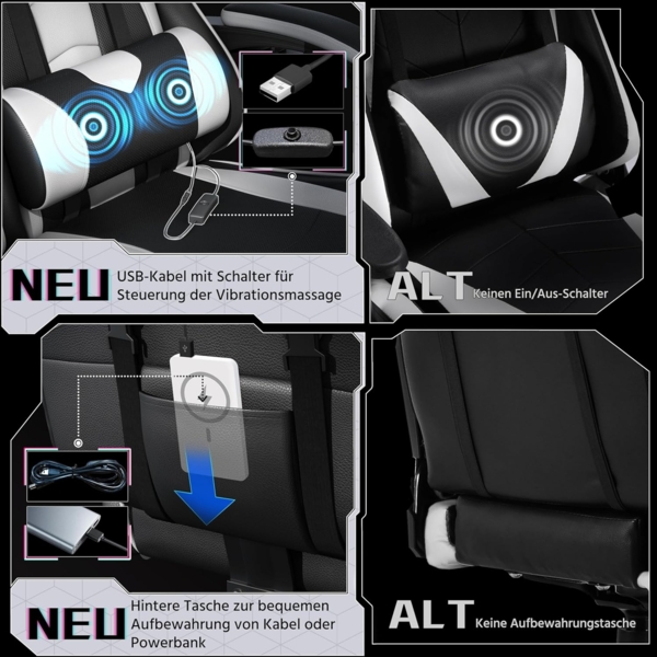 Yaheetech Gaming Stuhl Ergonomischer Gamer Stuhl mit Massagefunktion Computerstuhl mit Fußstütze Bürostuhl 90-135° Rückenlehne verstellbar Gaming Sessel PC Stuhl Weiß Bild 7