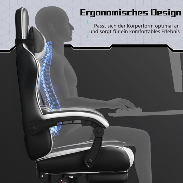 Yaheetech Gaming Stuhl Ergonomischer Gamer Stuhl mit Massagefunktion Computerstuhl mit Fußstütze Bürostuhl 90-135° Rückenlehne verstellbar Gaming Sessel PC Stuhl Weiß Bild 9