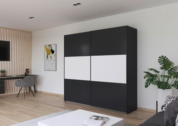 Rauch Möbel Neo, Schwebetürenschrank, Kleiderschrank, Kleiderschränke, Garderobe, Schrank mit Stauraum, 2-türig, Farbe Grau-metallic/Alpinweiß, 218 x 210 x 59 cm Bild 2