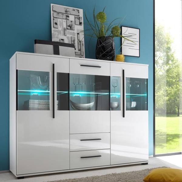 Modernes Highboard COLORADO-61 in weiß Hochglanz inkl. LED und Grauglas BxHxT: 160x126x42cm