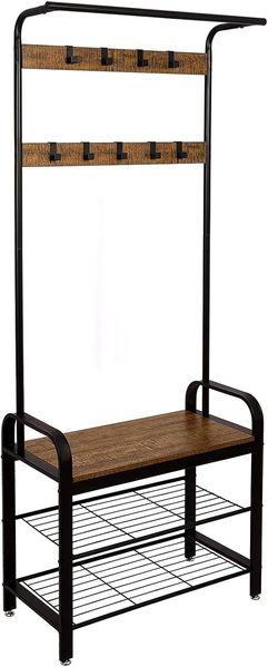 Vasagle Garderobenständer, Kleiderständer, Garderobe, Schuhregal mit Sitzfläche, mit 9 abnehmbaren Haken, Sitzbank, 2 Gitterablagen, 183 cm hoch, walnussbraun-schwarz von Songmics HSR040B41