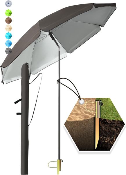 4smile SunnyJoy 3-IN-1 Set mit Sonnenschirm Strand in Taupe - Strandschirm windfest stabil 180 cm mit Hülle + Rasendorn Sonnenschirmhalter - Sonnenschirm mit Rasendorn für Garten, Schirmspieß