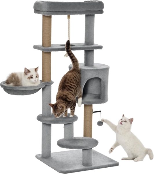 PawHut Kratzbaum 120 cm Katzenkratzbaum, Katzenbaum mit Korb, Katzenhöhle, Spielball, Kratzmöbel für Katzen bis 5 kg, Hellgrau