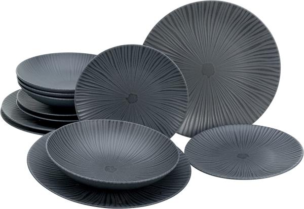 CreaTable 23211 Tafelservice Elements Collection Vesuvio Black für 4 Personen, Steinzeug, schwarz/grau (1 Set, 12-teilig)