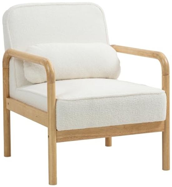 HOMCOM Relaxsessel Sessel Wohnzimmer mit Armlehnen, Holzbeine, Großen und Dicken Sitz (Lesesessel mit Wurfkissen, Bouclé-Optik, 1-St, Relaxsessel), Polstersessel für Schlafzimmer Weiß