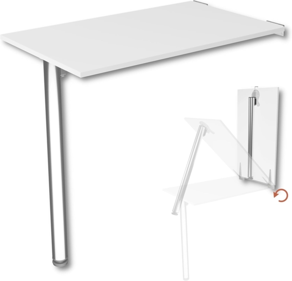 Wandklapptisch mit Tischbein Schreibtisch Tischplatte 80x50 cm in Weiß Klapptisch Esstisch Küchentisch für die Wand Stabiler Bartisch Wandtisch Tisch klappbar zur Wandmontage im Büro Küche