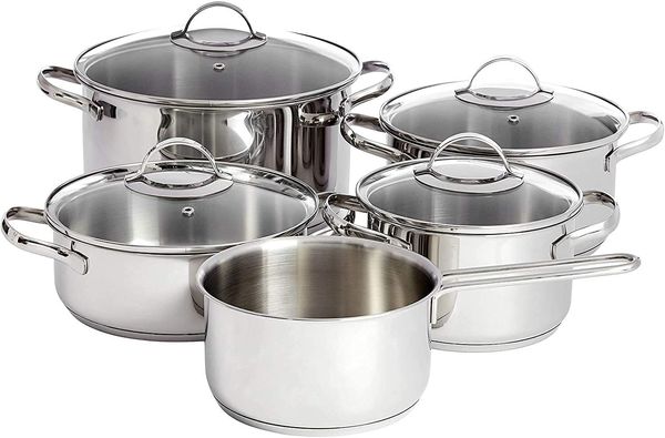 AmazonBasics 9-teiliges Kochgeschirr-Set, Edelstahl, für Induktionsherde, mit Deckeln