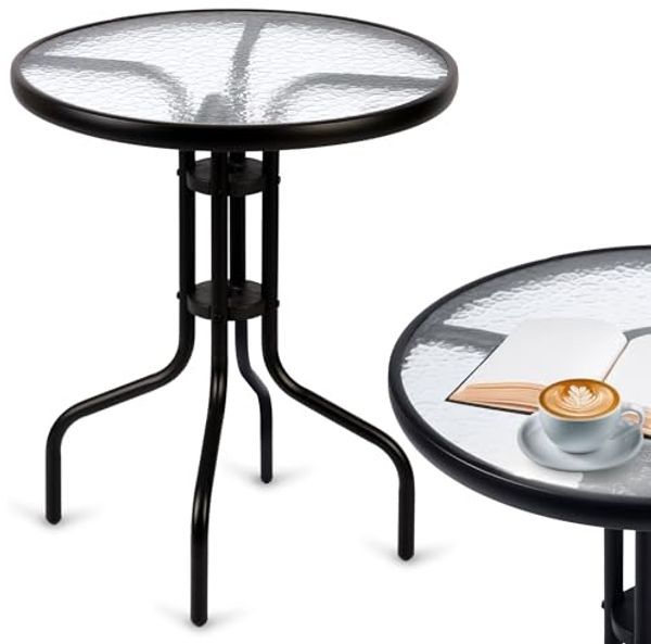 Sofotel Gartentisch Balkontisch Rund Stahl Pulverbeschichtet Glas Gehärtet Metall Schwarz