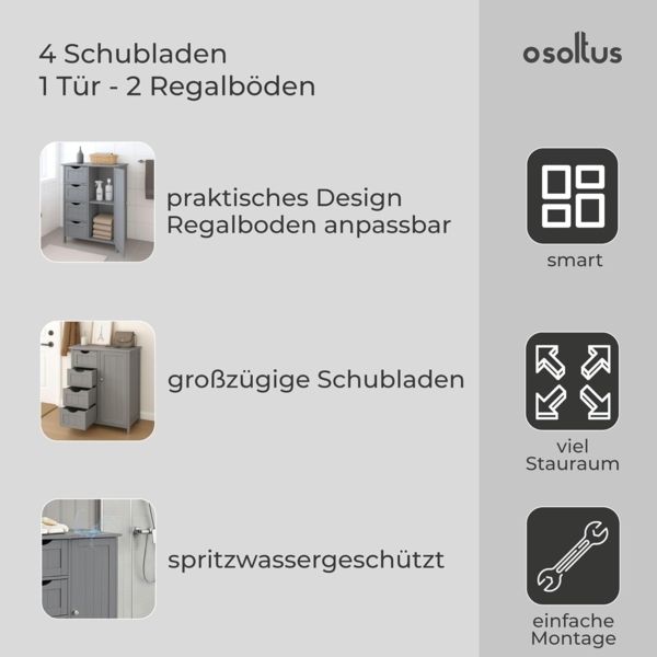 osoltus Badezimmerschrank Beistellschrank Hampton 55x30x82cm grau Bild 3