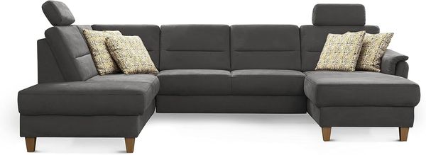 CAVADORE U-Form-Sofa Palera / Federkern-Wohnlandschaft mit 2 Kopfstützen / 314 x 89 x 212 / Mikrofaser, Grau