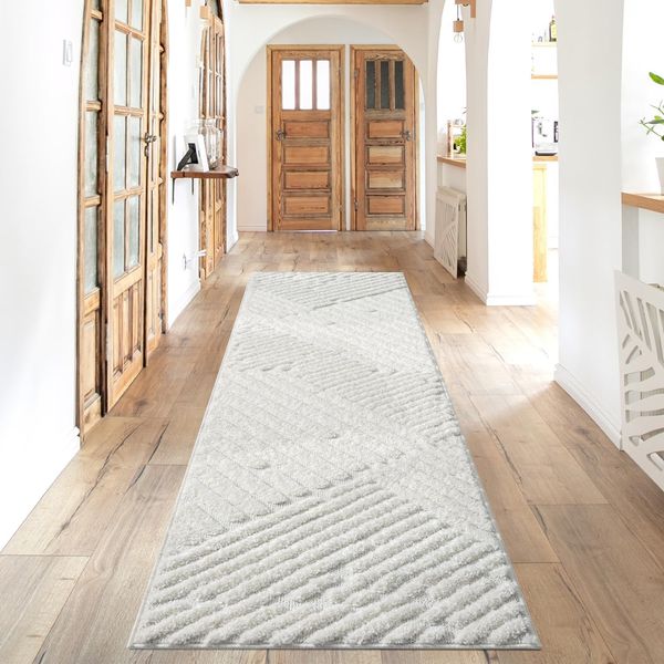 Teppich Läufer fürs Flur - 80x300cm - Hochflor - Boho - Pastell Creme - Einfarbig - Modern Streifen Muster- Skandinavisch Flauschig Weich - Schlafzimmer