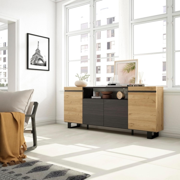 Skraut Home | Sideboard, Highboard | Kommode, Komodenschrank | 200 x 87 x 35 cm | 4 Türen | Industriedesign | Moderner Stil | Eiche Schwarz Bild 2