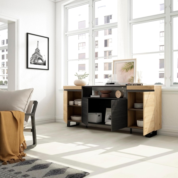 Skraut Home | Sideboard, Highboard | Kommode, Komodenschrank | 200 x 87 x 35 cm | 4 Türen | Industriedesign | Moderner Stil | Eiche Schwarz Bild 4