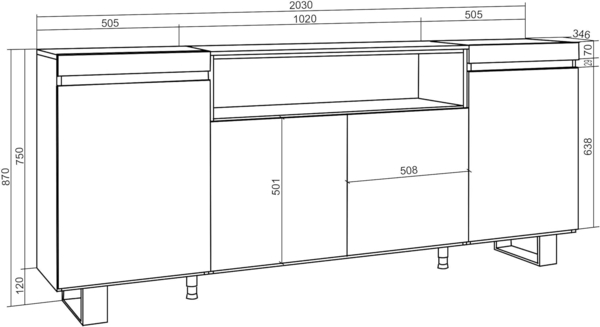 Skraut Home | Sideboard, Highboard | Kommode, Komodenschrank | 200 x 87 x 35 cm | 4 Türen | Industriedesign | Moderner Stil | Eiche Schwarz Bild 3