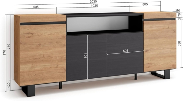 Skraut Home | Sideboard, Highboard | Kommode, Komodenschrank | 200 x 87 x 35 cm | 4 Türen | Industriedesign | Moderner Stil | Eiche Schwarz Bild 5