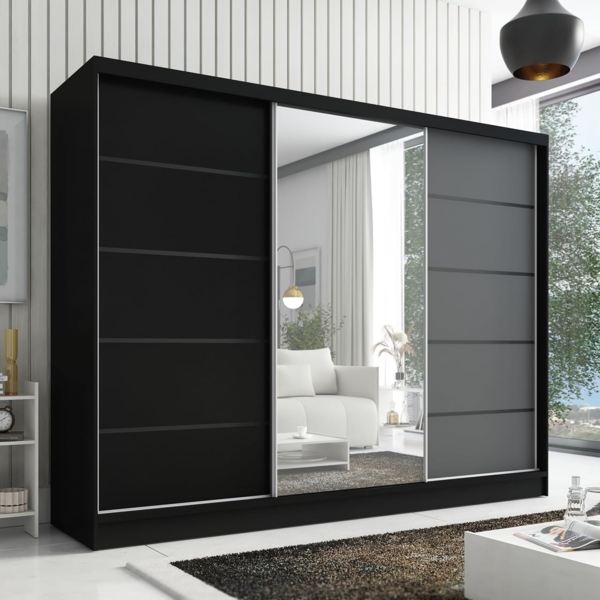 Schwebetürenschrank AVIRA 2 3-türig Schrank 200 cm (mit Spiegel) Farbe: Schwarz , Graphit