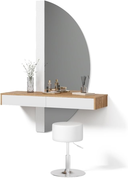 Livinity® Schminktisch Ascona, Weiß/Eiche, mit LED Beleuchtung und Hocker