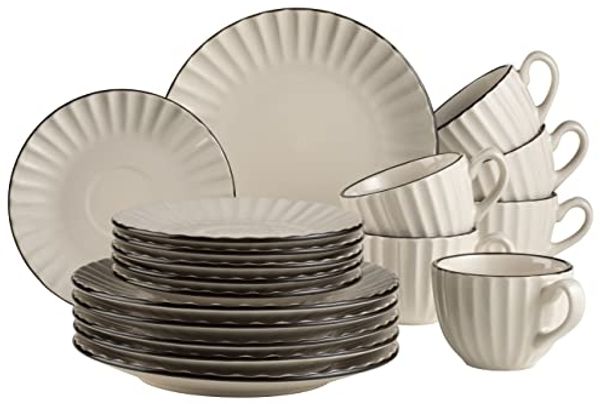 Retro Kaffeeservice für 6 Personen in cremigem Weiß mit schöner Wellenform, 18-teiliges rundes Kaffeegeschirr Set mit Kaffeetassen, Untertassen und Dessertteller