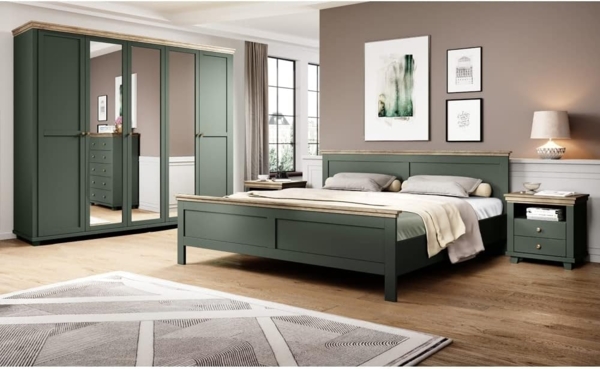 Lomadox Schlafzimmer-Set EPSOM-83, (Spar-Set, 4-tlg), Doppelbett Liegefläche 180x200 cm in grün mit Lefkas Eiche Nb.