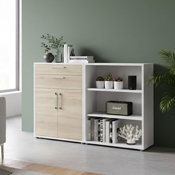 Dmora - Kommode Josepha, Wohnzimmerbuffet, Wohnzimmer-Sideboard, Moderne Küchen-Speisekammer, 178x40 h113 cm, Weiß und Eiche