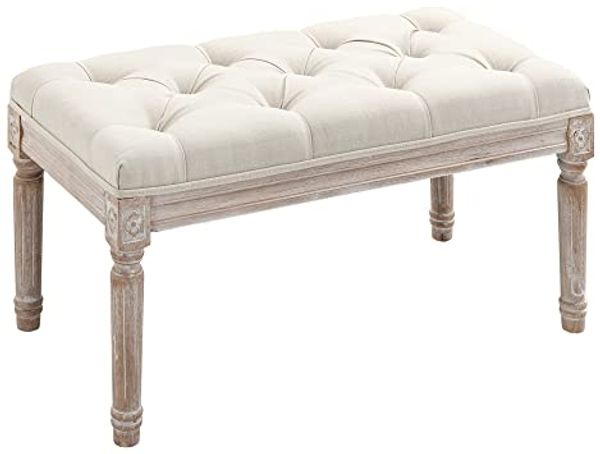 HOMCOM Fußhocker mit Leinenoptik, gepolstertem Sitz, Holzbein (Sitzhocker, 1 St, Polsterhocker), für Wohnzimmer, Schlafzimmer, Cremeweß