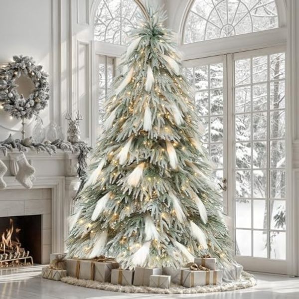 YITAHOME 183cm Künstlicher Weihnachtsbaum mit Federn – Vorgeleuchteter PE-Weihnachtsbaum mit 30 Weißen Federn, 355 Zweigen, 400 Warmweißen LEDs Grün Flockiert für Wohnzimmer/Büro/Partydekoration