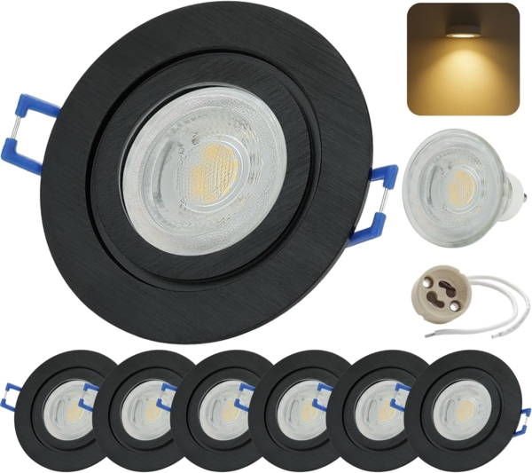 Sweet LED LED Einbaustrahler 6er Set IP44 Bad Aluminium 7W GU10 LED Deckenspots Schwarz 230V, Dimmfunktion, LED fest integriert, 3000K - warmweiß, Deckenspots, Deckenstrahler, Einbauleuchten, spritzwassergeschützt