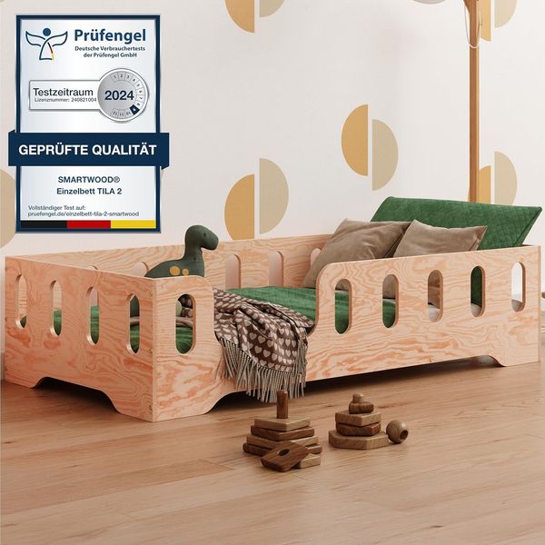 smartwood Bodenbett 120x200 Montessori Kinderbett aus Holz mit FSC-Zertifikat TILA 2L mit Rausfallschutz & Lattenrost bis 300kg belastbar - Einfache Montage