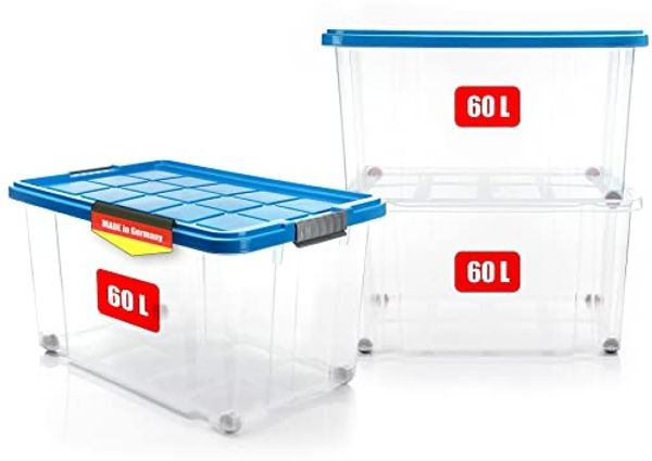BigDean 3 Stück 60 L Aufbewahrungsbox mit Deckel groß azurblau - stapelbare robuste Box - rollbare Stapelbox mit festen Klickverschlüssen - Made in Germany