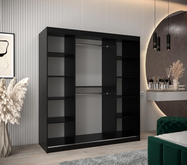 Kryspol Schwebetürenschrank Verona 2-180 cm mit Spiegel Kleiderschrank mit Kleiderstange und Einlegeboden Schlafzimmer- Wohnzimmerschrank Schiebetüren Modern Design (Schwarz + Artisan Eiche) Bild 8