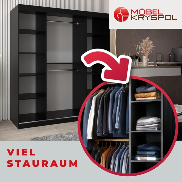 Kryspol Schwebetürenschrank Verona 2-180 cm mit Spiegel Kleiderschrank mit Kleiderstange und Einlegeboden Schlafzimmer- Wohnzimmerschrank Schiebetüren Modern Design (Schwarz + Artisan Eiche) Bild 5