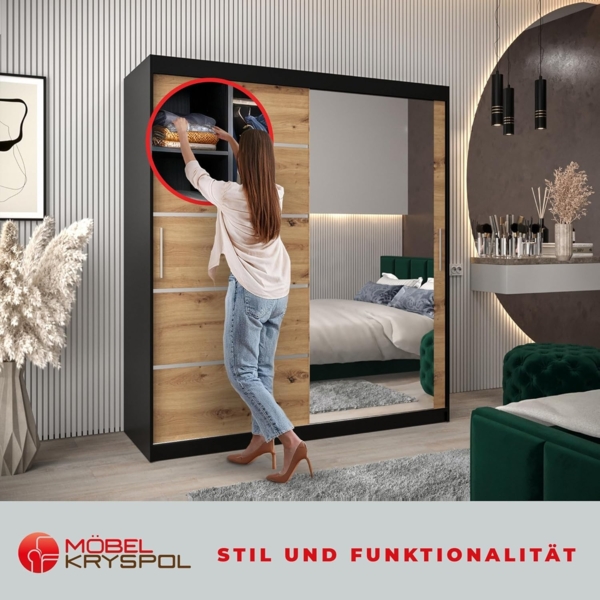 Kryspol Schwebetürenschrank Verona 2-180 cm mit Spiegel Kleiderschrank mit Kleiderstange und Einlegeboden Schlafzimmer- Wohnzimmerschrank Schiebetüren Modern Design (Schwarz + Artisan Eiche) Bild 4