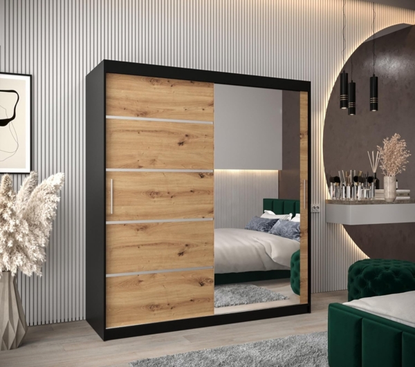 Kryspol Schwebetürenschrank Verona 2-180 cm mit Spiegel Kleiderschrank mit Kleiderstange und Einlegeboden Schlafzimmer- Wohnzimmerschrank Schiebetüren Modern Design (Schwarz + Artisan Eiche) Bild 2