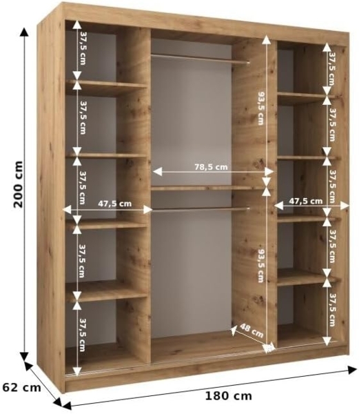 Kryspol Schwebetürenschrank Verona 2-180 cm mit Spiegel Kleiderschrank mit Kleiderstange und Einlegeboden Schlafzimmer- Wohnzimmerschrank Schiebetüren Modern Design (Schwarz + Artisan Eiche) Bild 3