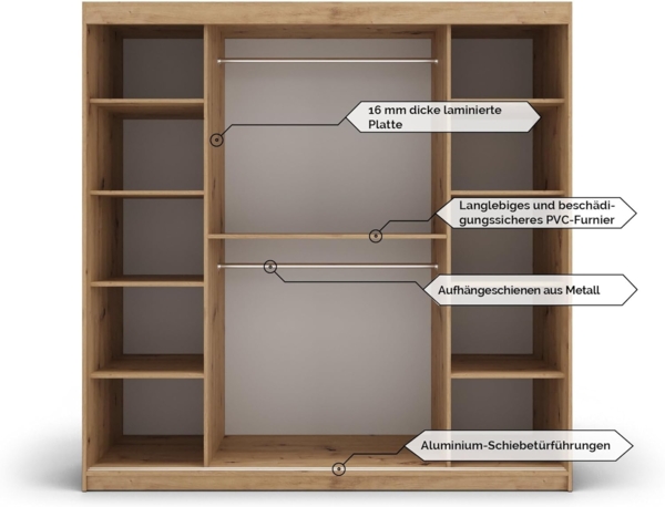 Kryspol Schwebetürenschrank Verona 2-180 cm mit Spiegel Kleiderschrank mit Kleiderstange und Einlegeboden Schlafzimmer- Wohnzimmerschrank Schiebetüren Modern Design (Schwarz + Artisan Eiche) Bild 7