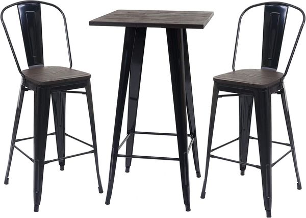 Set Stehtisch + 2x Barhocker HWC-A73 inkl. Holz-Tischplatte schwarz