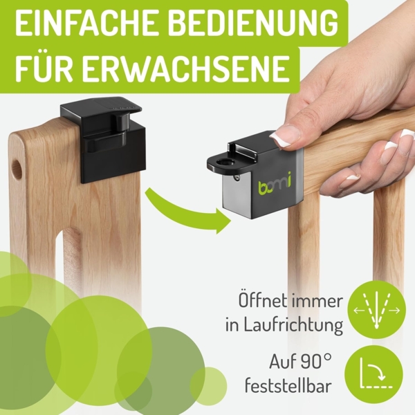 BOMI Türschutzgitter Kinderschutzgitter Miko 63-161 cm, Babygitter Ohne Bohren - 90 Grad Feststellfunktion der Tür Bild 7