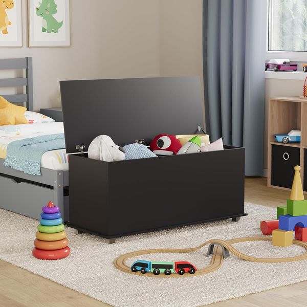 Vida Designs Leon Spielzeugkiste schwarz Holz Kinder Aufbewahrungsbox Truhe mit Deckel, Abdeckungen und Decken, Kids Tidy Bin
