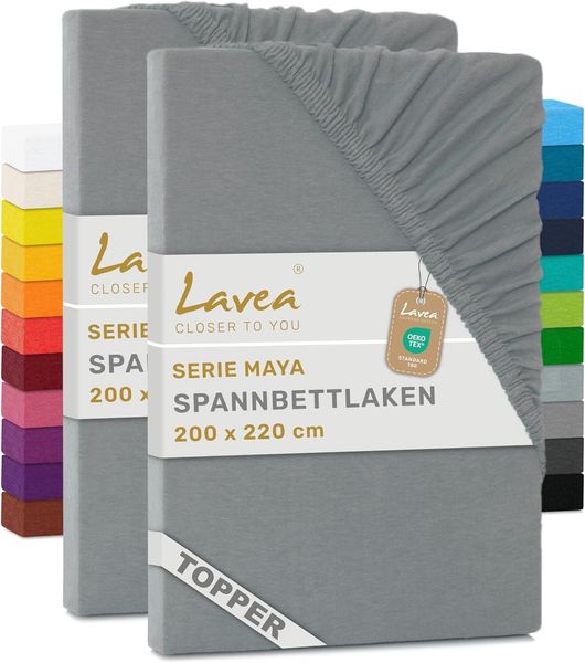 2er Set Lavea Topper Spannbettlaken - Spannbetttuch Jersey Topper Serie Maya, 200x220 cm, Mittelgrau, 100% Baumwolle, hochwertige Verarbeitung, mit Gummizug