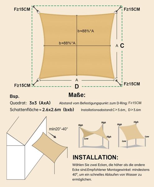 LOVE STORY Sonnensegel Wasserdicht 3x3 m Quadrat PES Polyester Sonnenschutz Windschutz Balkon Terrasse 95% UV-Schut,für Balkon Garten,Sandbeige Bild 4