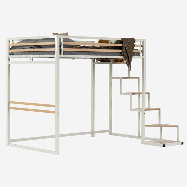 MEUBLE COSY Hochbett 140x200 cm Bettrahmen Etagenbett mit Lattenroste aus Holz und Metall, Industriell, für Erwachsene und Kinder, Weiß+Buchenholz