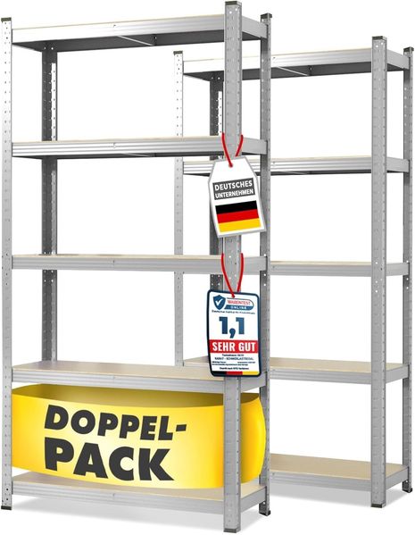 Floordirekt Schwerlastregal, 2er Set, verzinkt 180 x 90 x 40 cm Steckregal, Kellerregal, Lagerregal, Werkstattregal, Werkbank - 5 verstellbare Böden (Lakota)